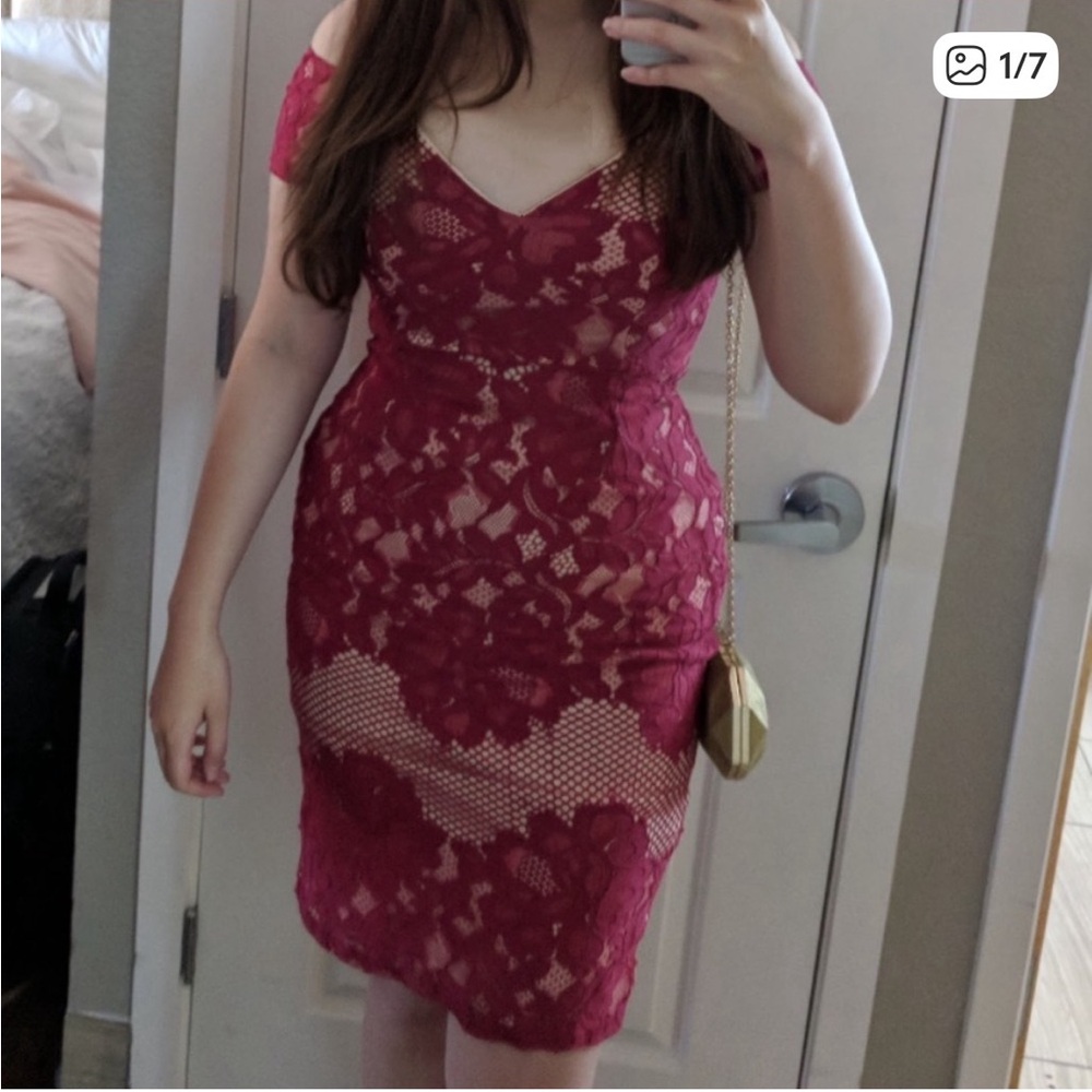 Burgundy Lace Cold-Shoulder Sheath Dress with Beige Lining